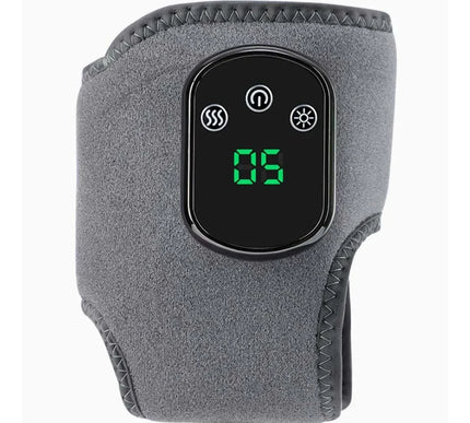 Grey electronic heating pad with digital display and control panel for pain relief.