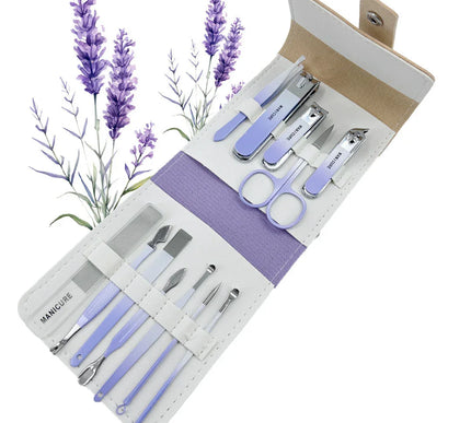 Lavender manicure set with nail tools in a white and purple case, floral background