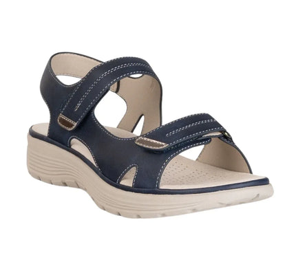 Navy blue open-toe comfort sandal with adjustable straps and cushioned beige sole