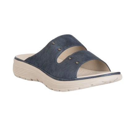 Navy blue slide sandal with double straps, metallic studs, and cushioned white sole