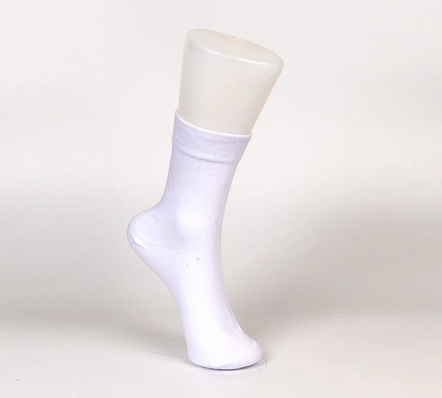 White crew sock displayed on mannequin foot against plain background